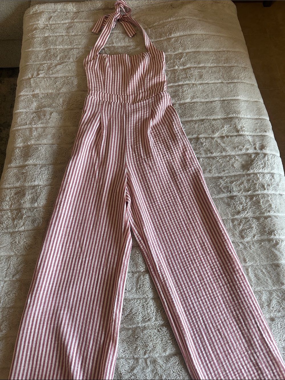 Cider Pink and White Striped Halter Jumpsuit